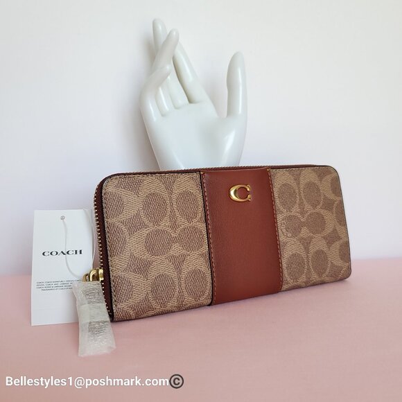 COACH Slim Accordion Zip Wallet In Signature Canvas with Back Slip Pocket-Tan ⭐ - Picture 6 of 16